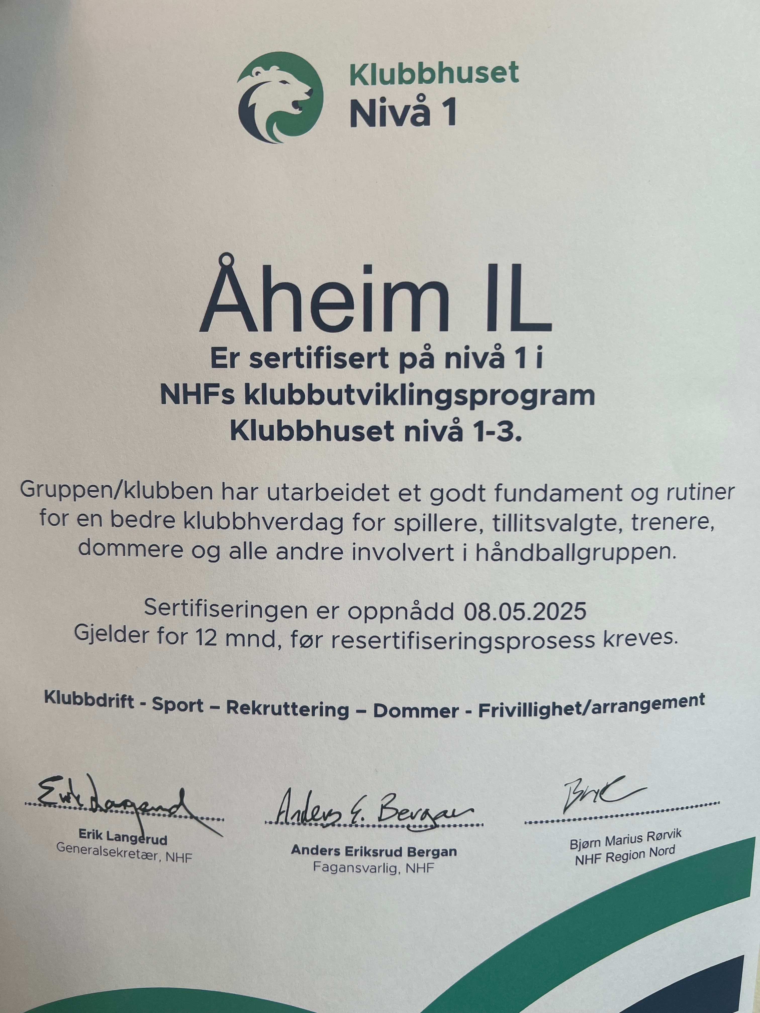 Åheim IL Handball er sertifisert i Klubbhuset nivå 1